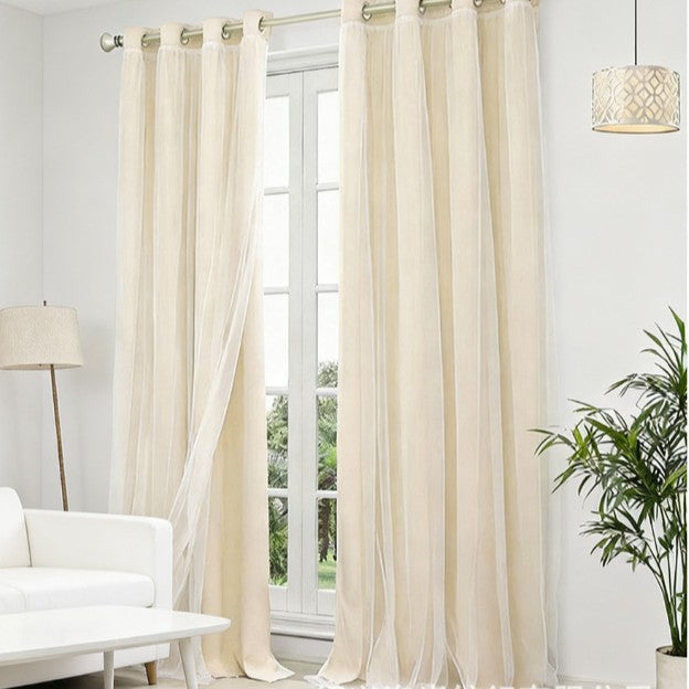 Double Layer Blackout Curtain with Sheer Overlay Grommet Top Window Panel for Bedroom and Kids Room