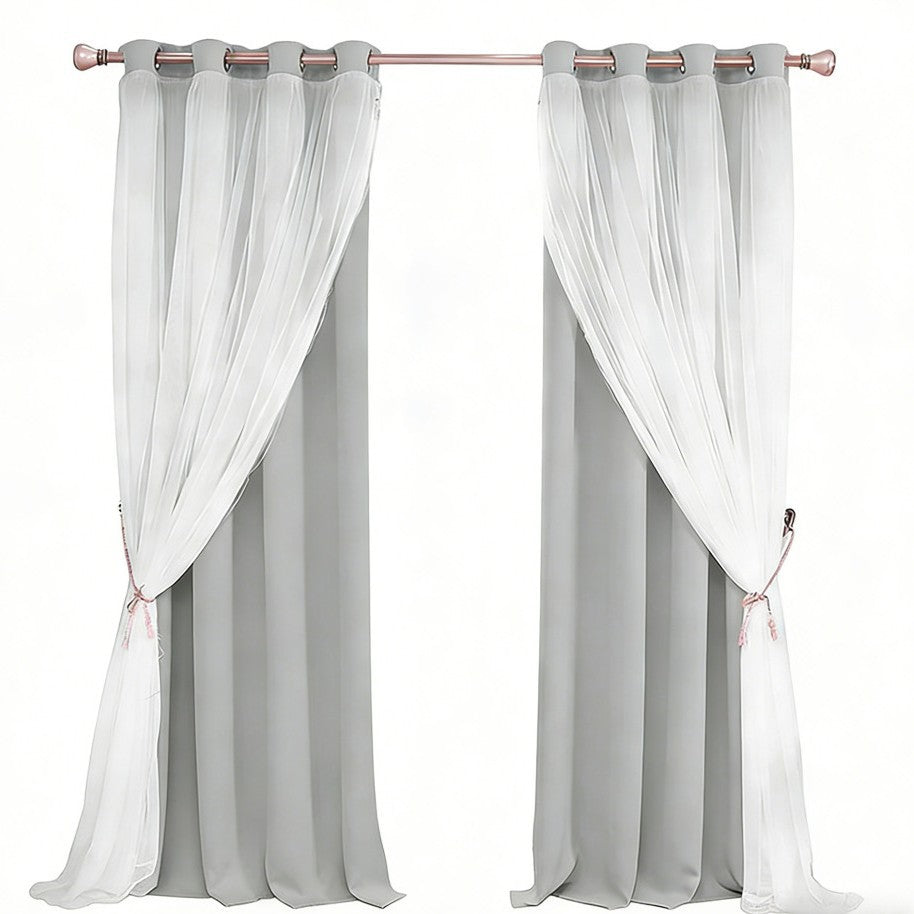 Double Layer Blackout Curtain with Sheer Overlay Grommet Top Window Panel for Bedroom and Kids Room