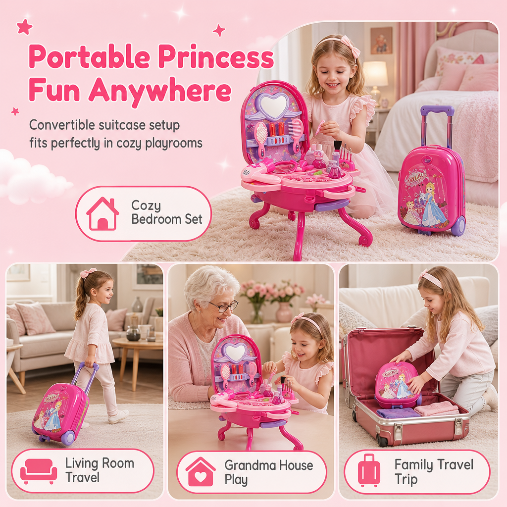 📢📢 50% OFF For Christmas🎀Kids’ Pretend Makeup Vanity Suitcase – Portable Dress-Up Toy Set for Girls