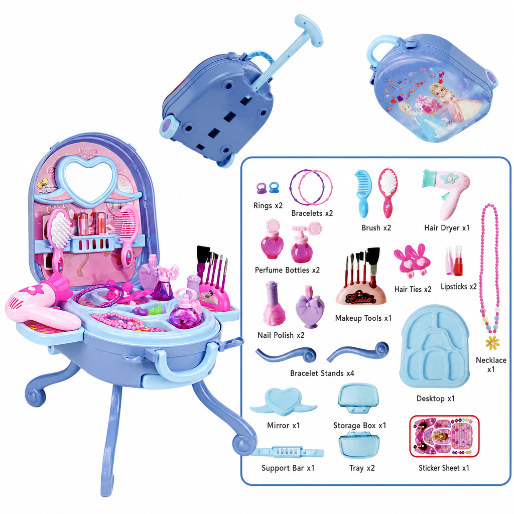 📢📢 50% OFF For Christmas🎀Kids’ Pretend Makeup Vanity Suitcase – Portable Dress-Up Toy Set for Girls
