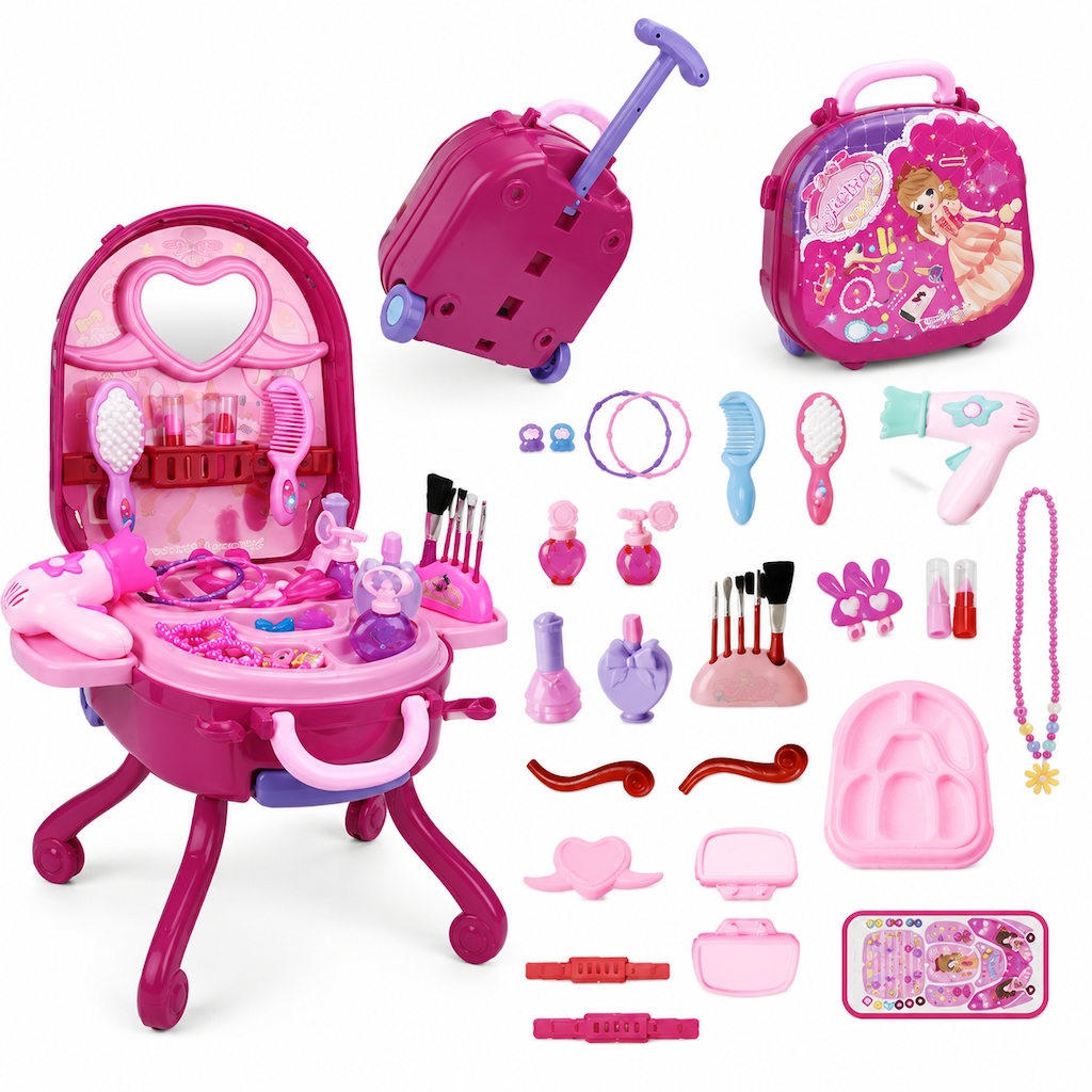 📢📢 50% OFF For Christmas🎀Kids’ Pretend Makeup Vanity Suitcase – Portable Dress-Up Toy Set for Girls