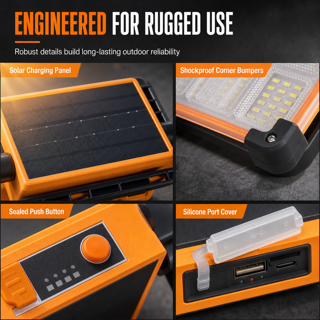 ☀️ Solar Camping Floodlight: 4 Brightness, Power Bank, Weatherproof, Portable