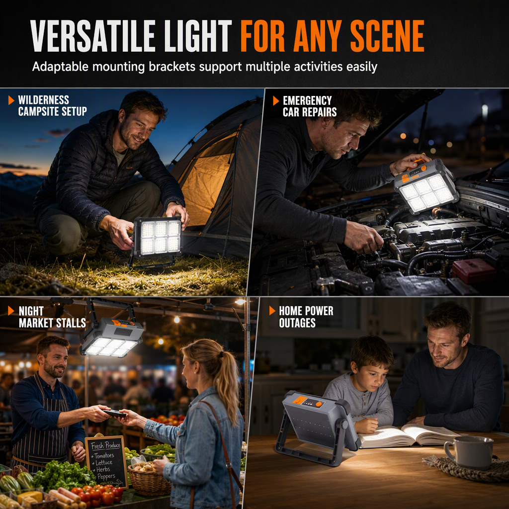 ☀️ Solar Camping Floodlight: 4 Brightness, Power Bank, Weatherproof, Portable