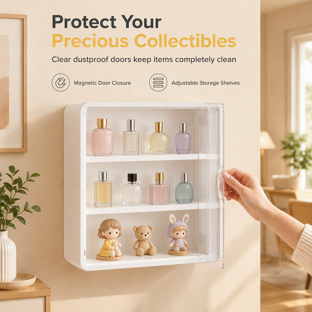 Wall Mounted Clear Action Figure Display Case and Storage Organizer with Two Shelves