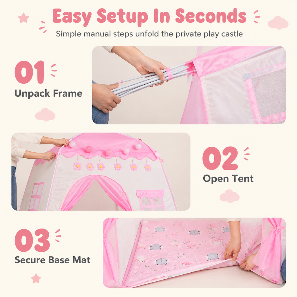 Kids Indoor Play Tent Princess Castle Secret Base Bed Tent Playhouse for Toddlers
