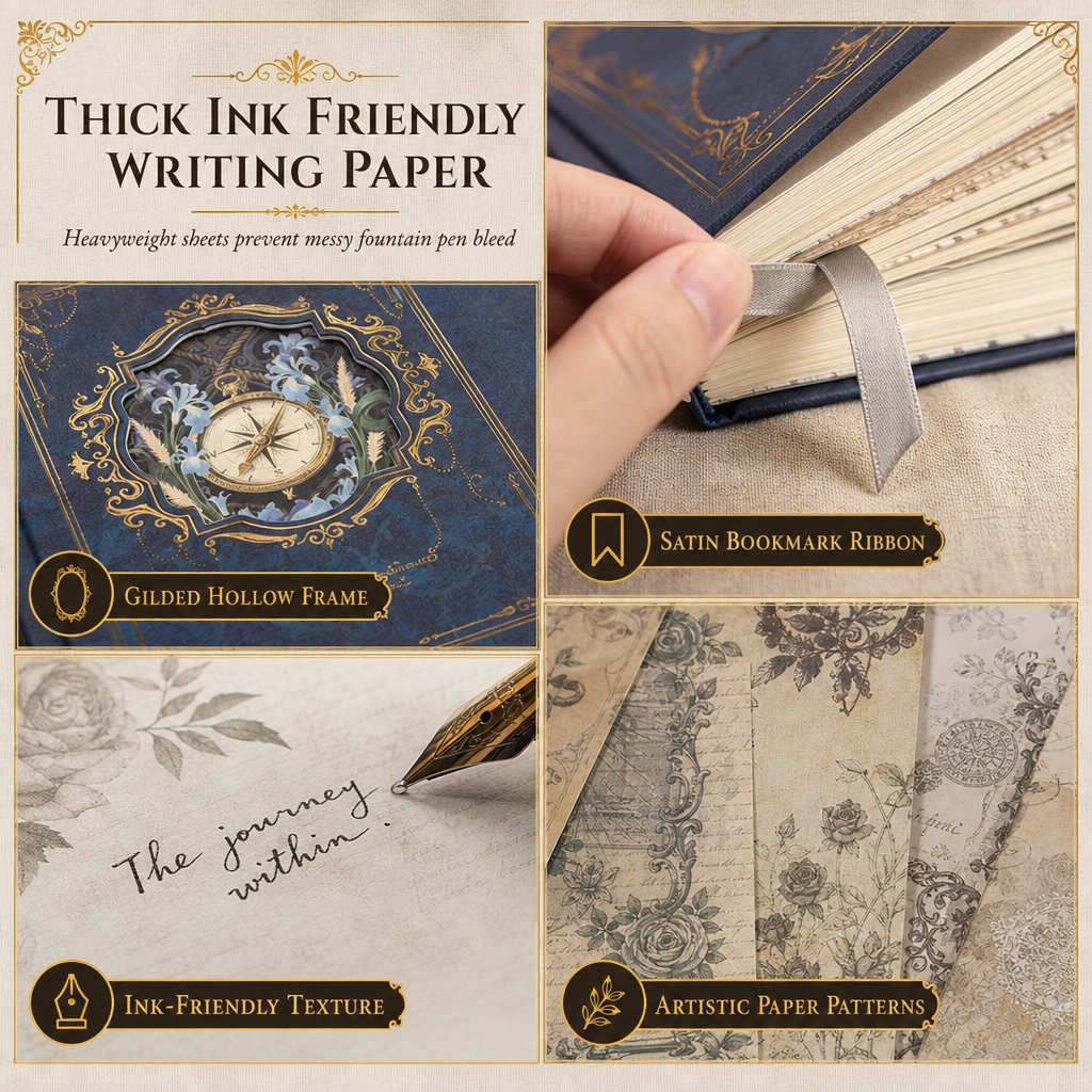 📢📢49% OFF !! ⏰Vintage European Style Hardcover Journal Notebook with Hollow Out Cover Gold Foil Accents and Color Illustrated Pages