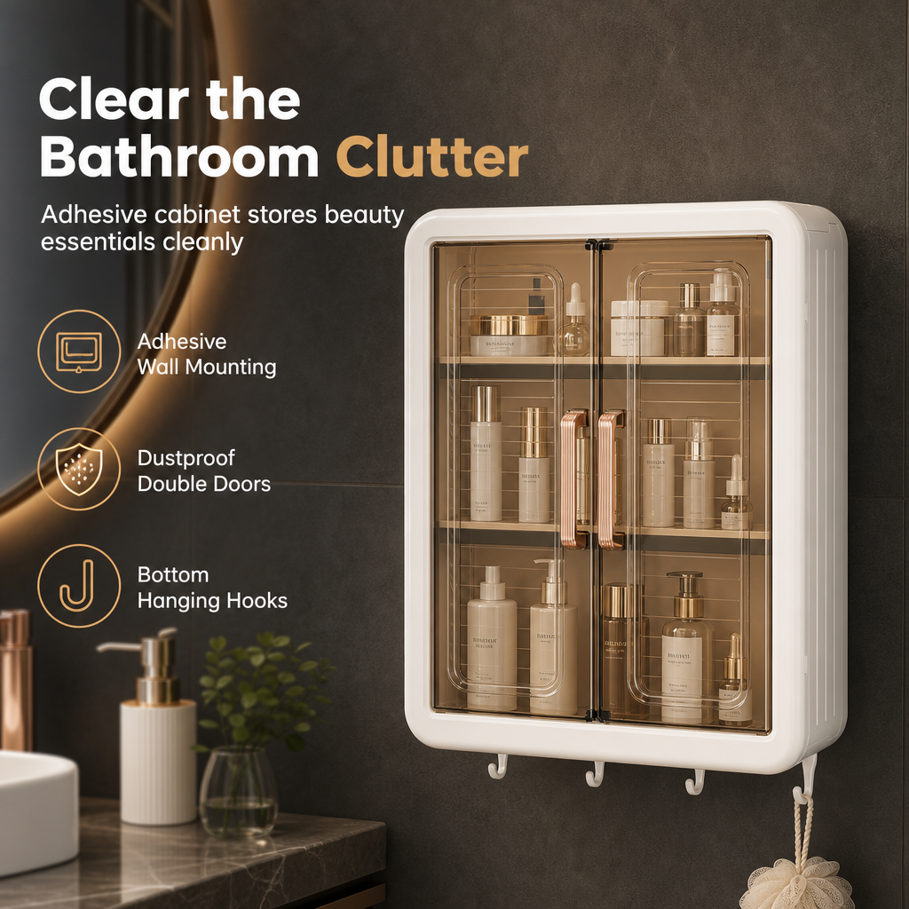 📢📢50% OFF !! ⏰Wall Mounted Dustproof Cosmetics Storage Box Punch Free Bathroom Skincare Organizer Cabinet with Hooks