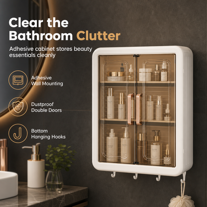 📢📢50% OFF !! ⏰Wall Mounted Dustproof Cosmetics Storage Box Punch Free Bathroom Skincare Organizer Cabinet with Hooks