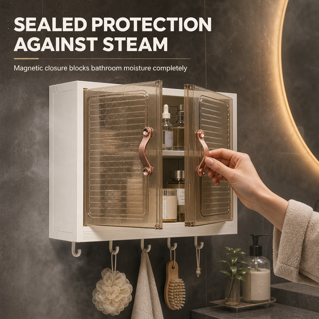 📢📢50% OFF !! ⏰Wall Mounted Dustproof Cosmetics Storage Box Punch Free Bathroom Skincare Organizer Cabinet with Hooks
