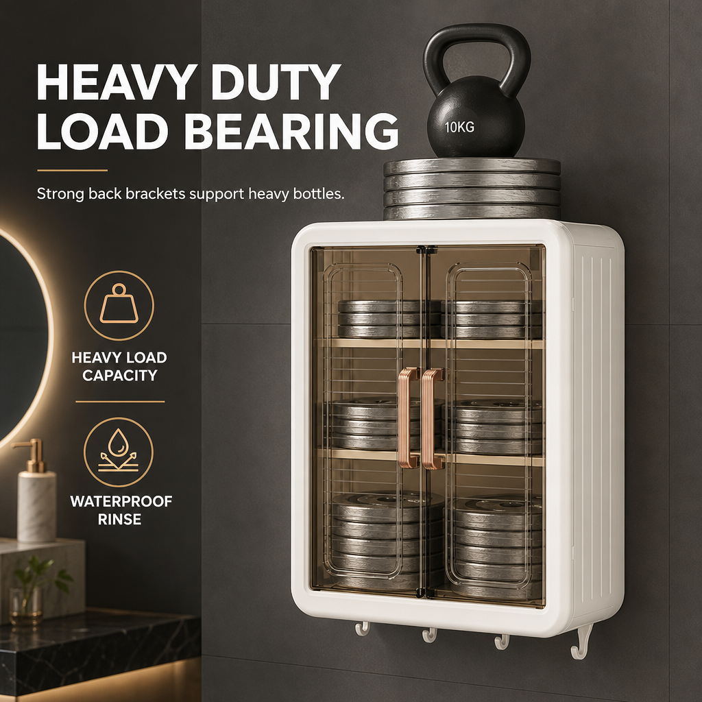 📢📢50% OFF !! ⏰Wall Mounted Dustproof Cosmetics Storage Box Punch Free Bathroom Skincare Organizer Cabinet with Hooks