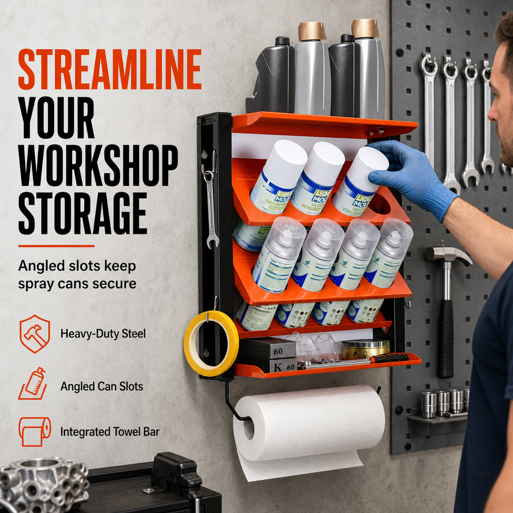 🛠️ Workshop Spray Can Rack: Wall-Mounted, Angled Slots, Carbon Steel, Orange