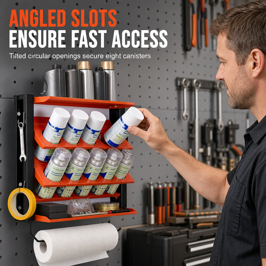 🛠️ Workshop Spray Can Rack: Wall-Mounted, Angled Slots, Carbon Steel, Orange