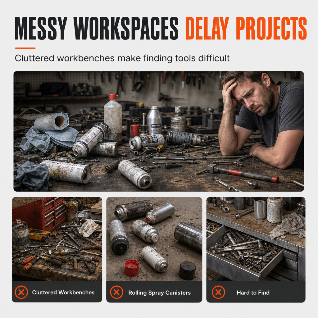 🛠️ Workshop Spray Can Rack: Wall-Mounted, Angled Slots, Carbon Steel, Orange