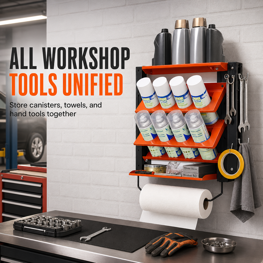 🛠️ Workshop Spray Can Rack: Wall-Mounted, Angled Slots, Carbon Steel, Orange