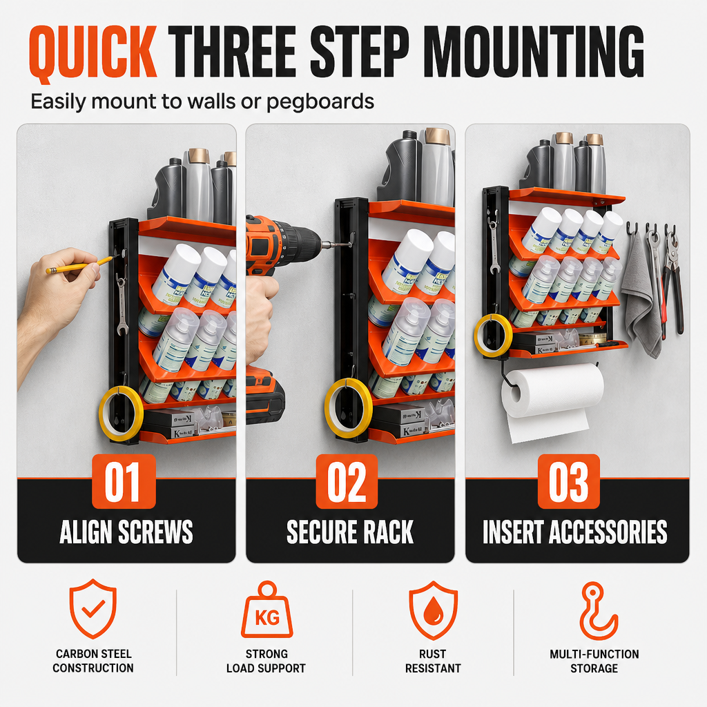🛠️ Workshop Spray Can Rack: Wall-Mounted, Angled Slots, Carbon Steel, Orange