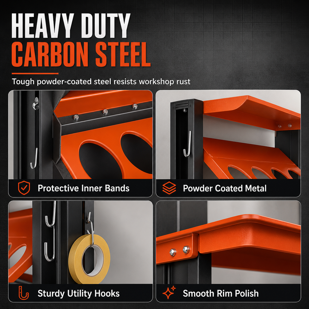 🛠️ Workshop Spray Can Rack: Wall-Mounted, Angled Slots, Carbon Steel, Orange