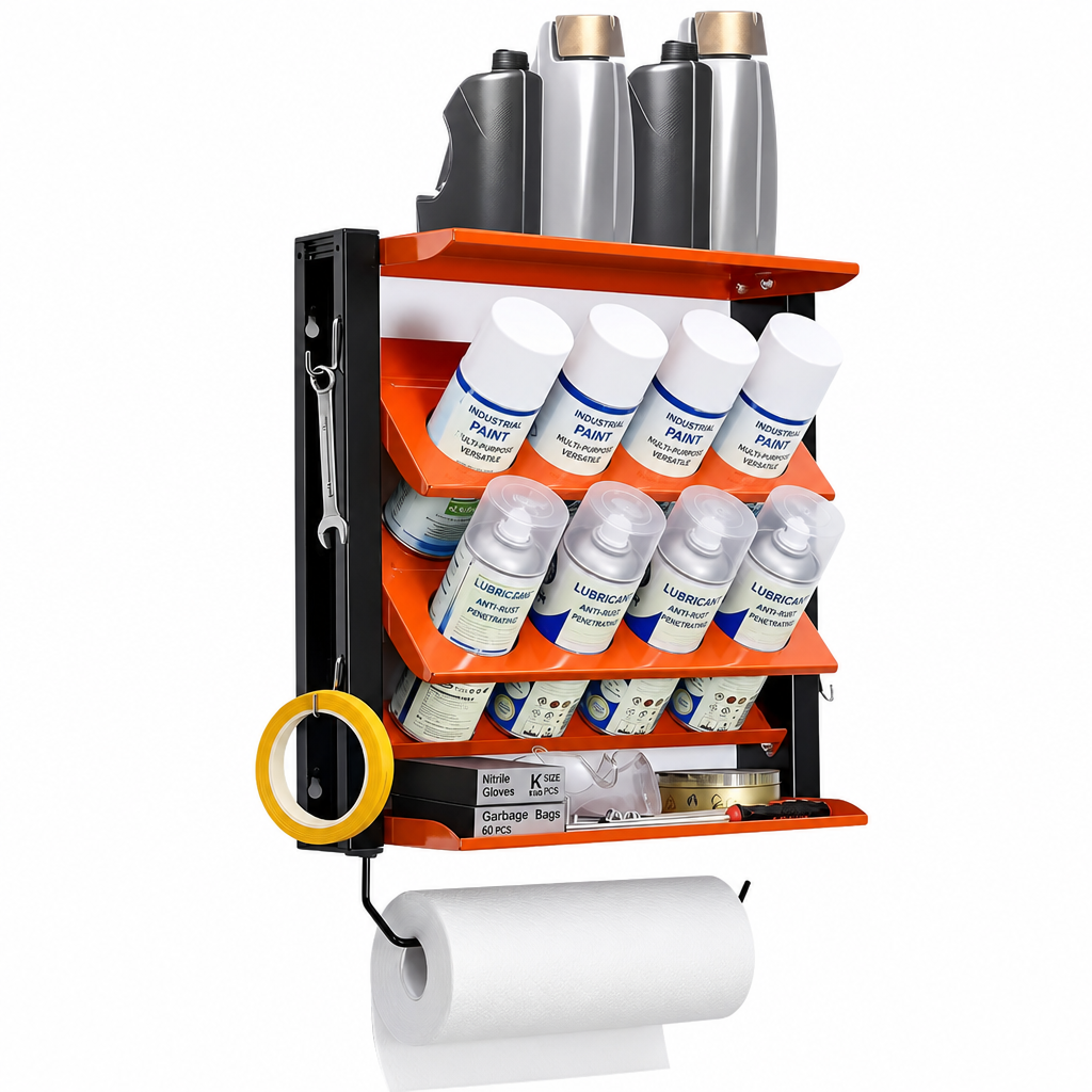🛠️ Workshop Spray Can Rack: Wall-Mounted, Angled Slots, Carbon Steel, Orange