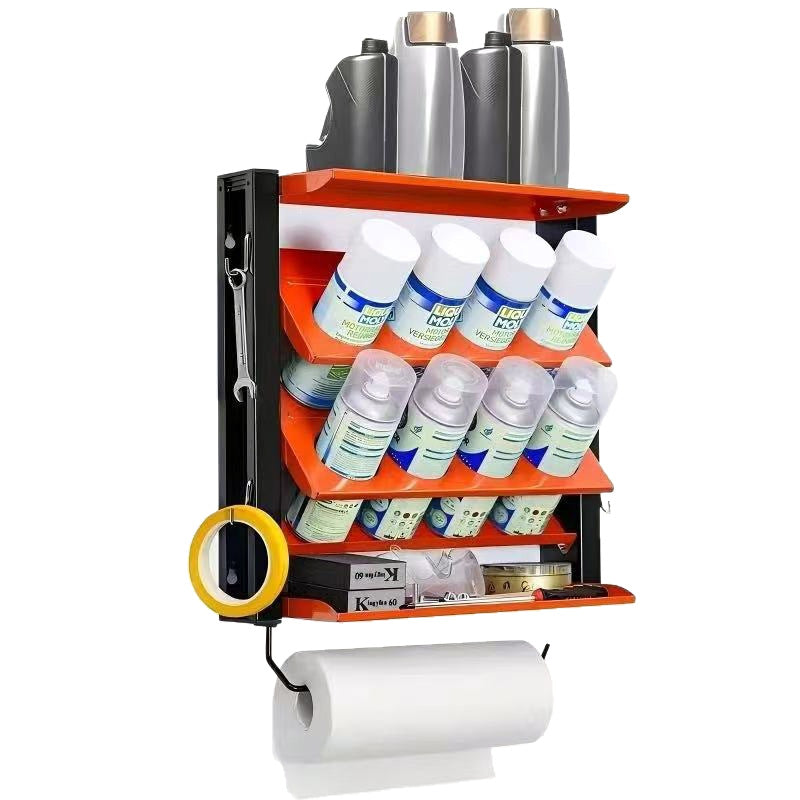🛠️ Workshop Spray Can Rack: Wall-Mounted, Angled Slots, Carbon Steel, Orange