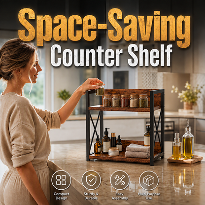 🧺 2-Tier Countertop Organiser: Wood & Iron, Space-Saving, Kitchen & Bathroom Storage