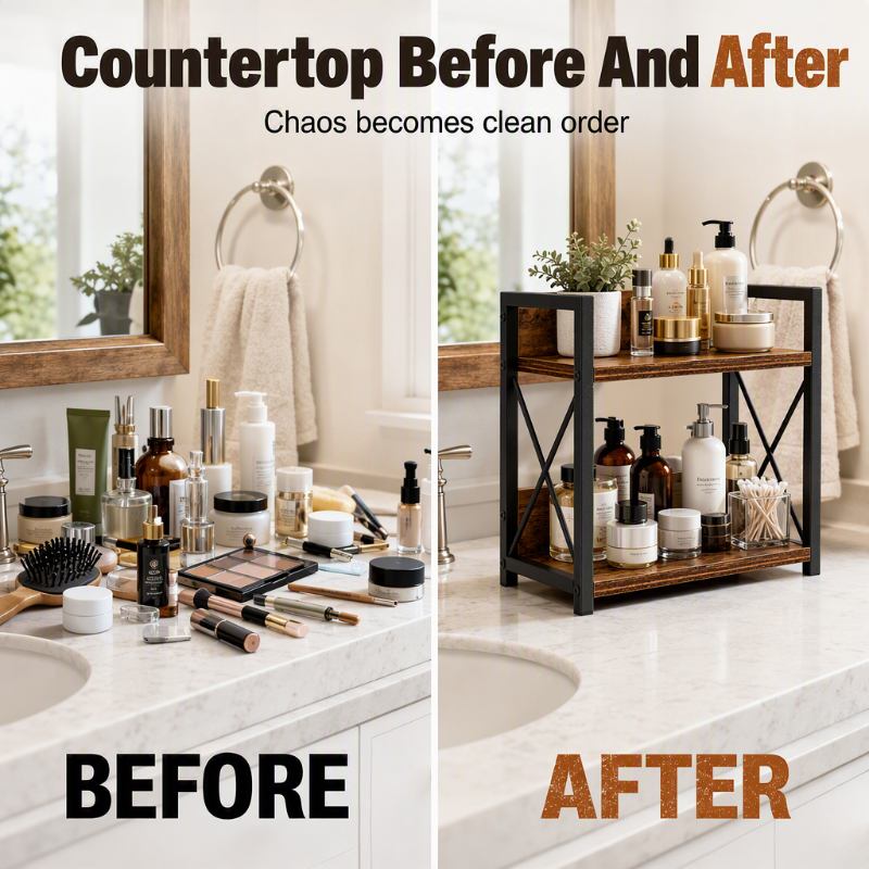 🧺 2-Tier Countertop Organiser: Wood & Iron, Space-Saving, Kitchen & Bathroom Storage