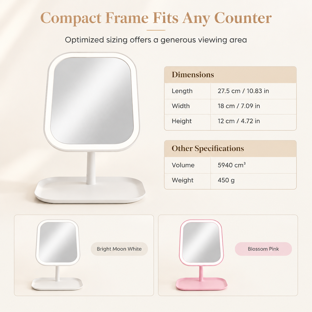 Portable Folding Desktop Makeup Mirror with LED Light Compact Vanity Mirror for Dormitory