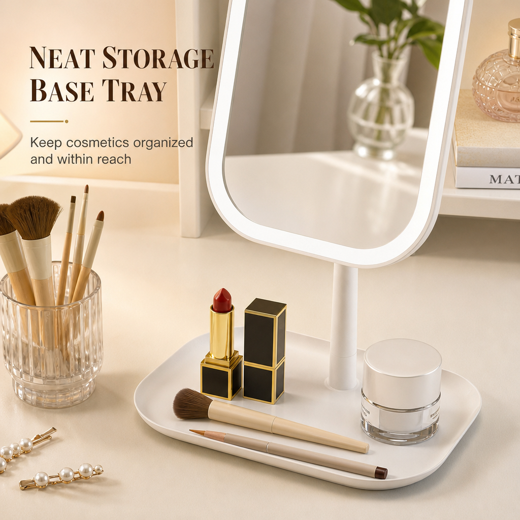 Portable Folding Desktop Makeup Mirror with LED Light Compact Vanity Mirror for Dormitory