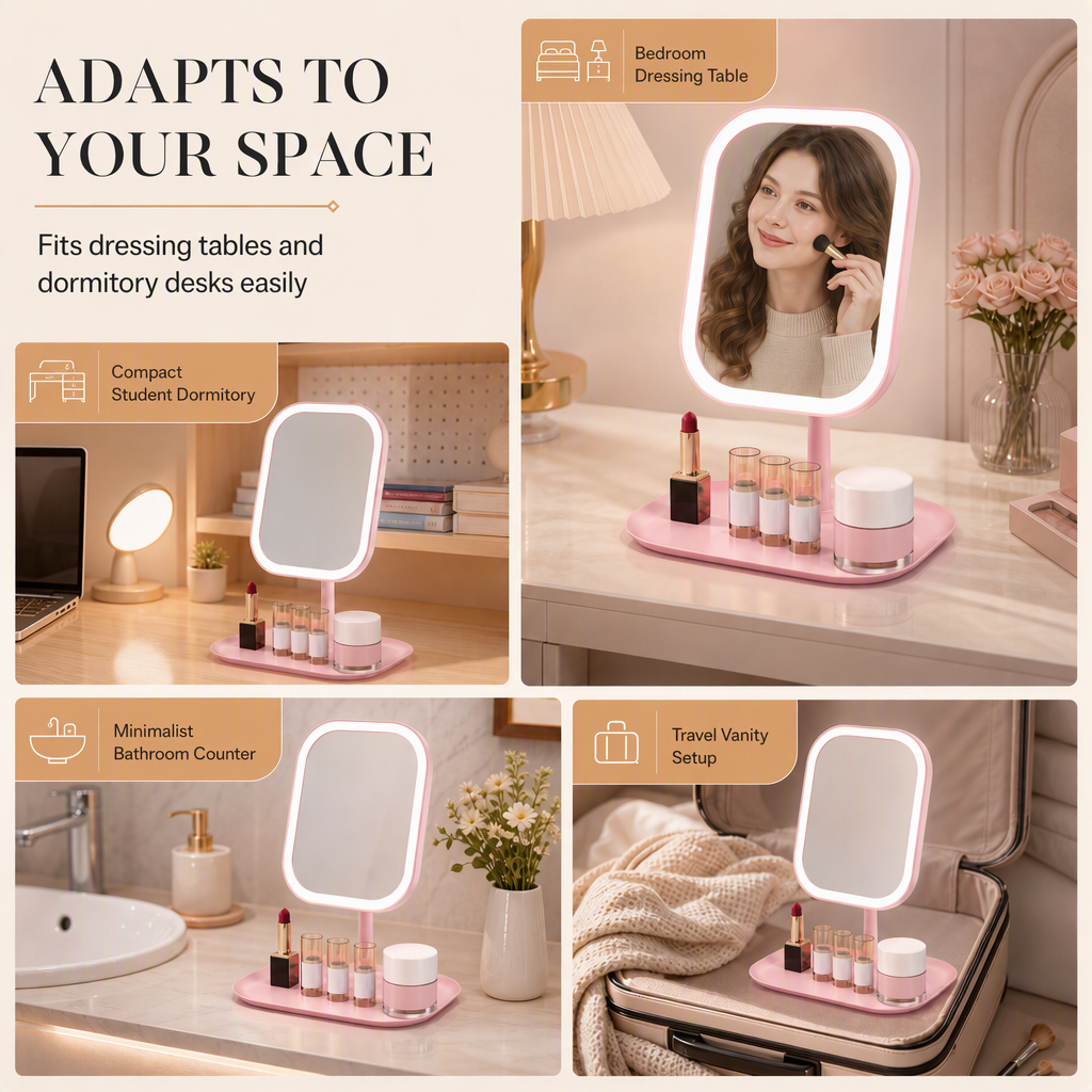 Portable Folding Desktop Makeup Mirror with LED Light Compact Vanity Mirror for Dormitory