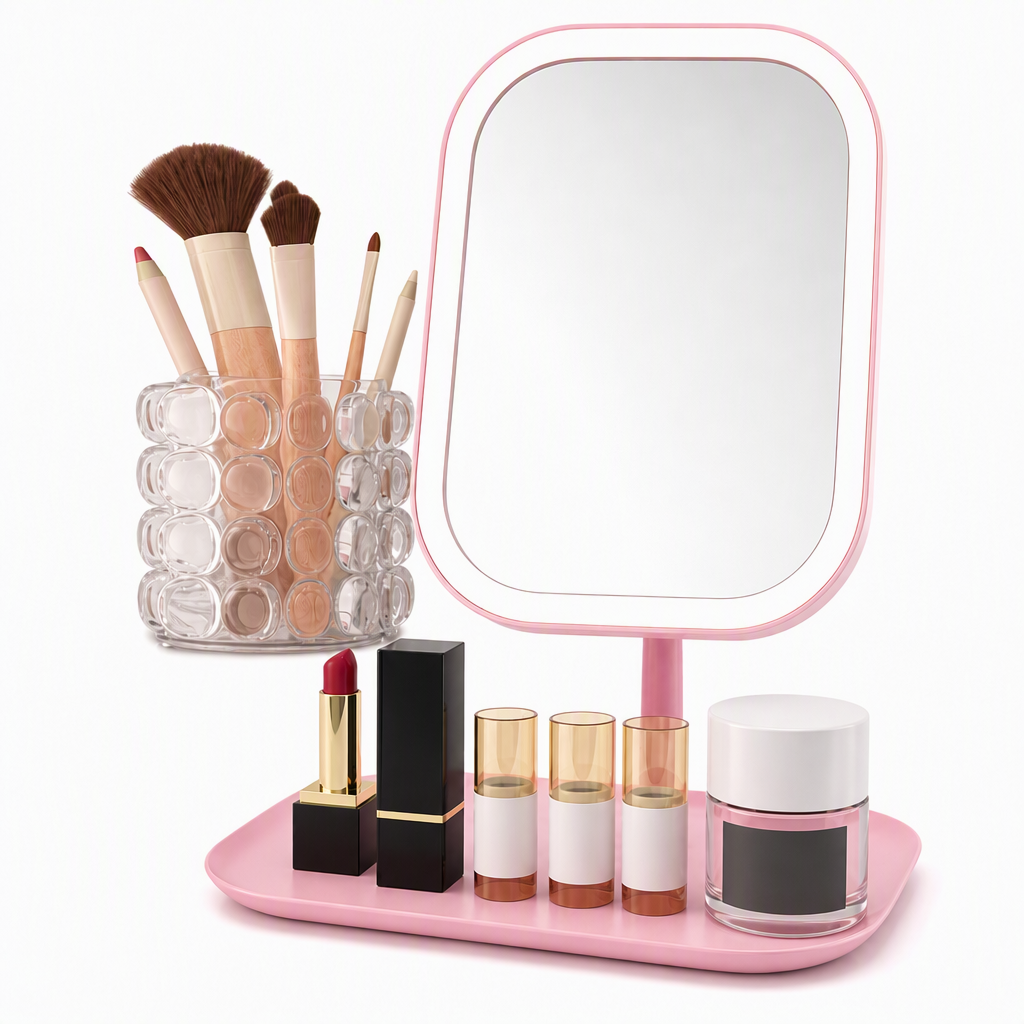 Portable Folding Desktop Makeup Mirror with LED Light Compact Vanity Mirror for Dormitory