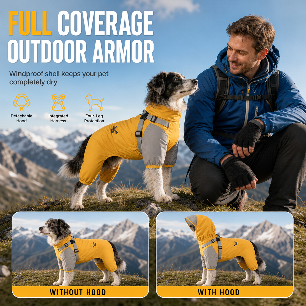 🐕 Four-Legged Waterproof Dog Coat: Full Coverage, Built-In Harness Straps, Mud-Proof
