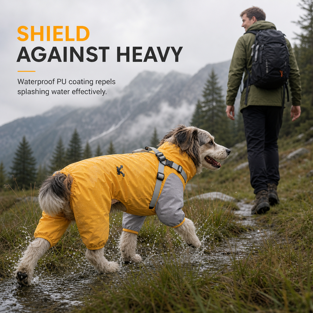 🐕 Four-Legged Waterproof Dog Coat: Full Coverage, Built-In Harness Straps, Mud-Proof