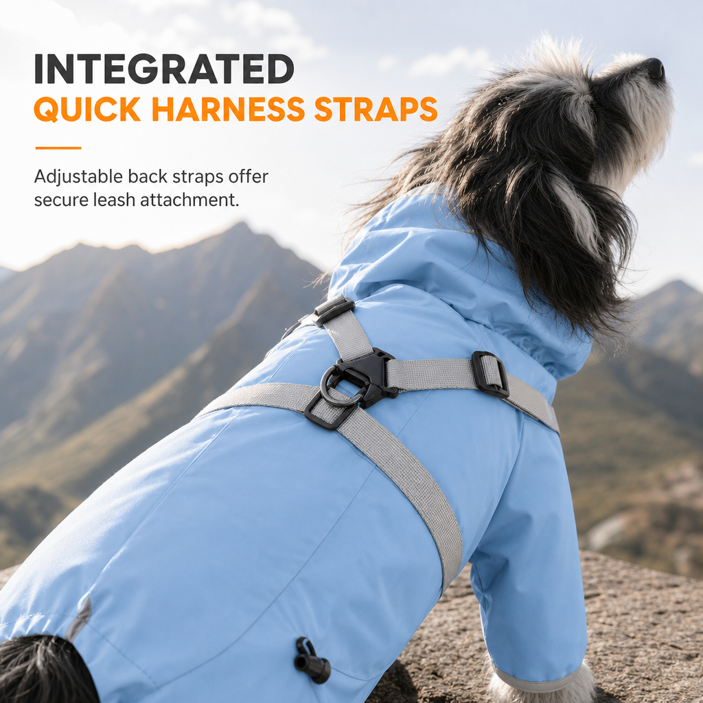 🐕 Four-Legged Waterproof Dog Coat: Full Coverage, Built-In Harness Straps, Mud-Proof
