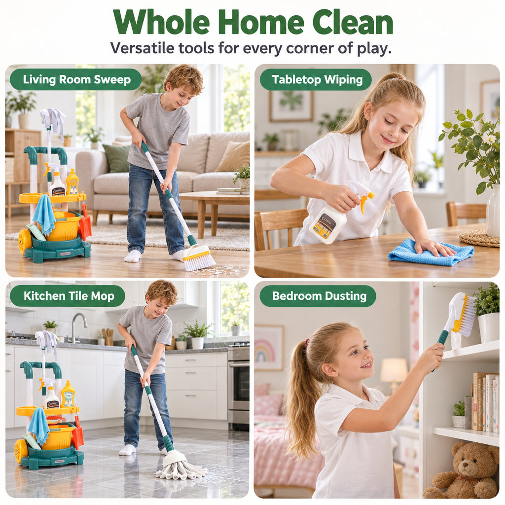 🔥New Arrival!!!🧹👧 Kids Cleaning Toy Set with Trolley, Mop, Broom & Bucket – Let Little Helpers Join In the Fun ✨