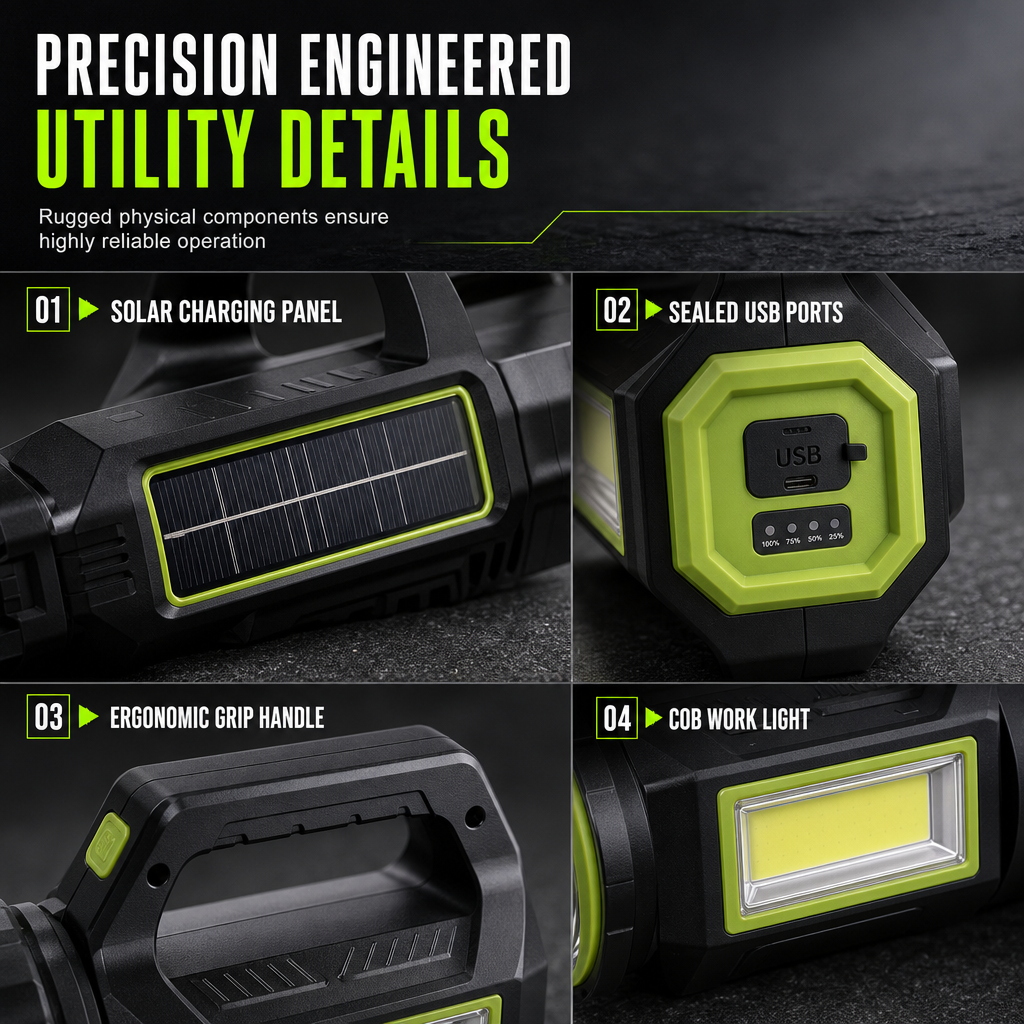 🔥50% OFF!!📢🔦 Multifunctional Ultra-Bright Rechargeable Searchlight & Work Light – USB Charging, Ready for Outdoors, Garages & Power Cuts ✨