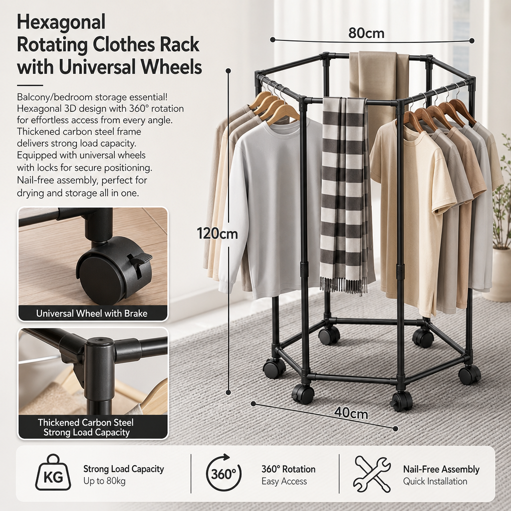 Movable 360 Degree Rotating Hexagonal Clothes Drying Rack Floor Standing Garment Hanger with Wheels for Balcony and Indoor Use