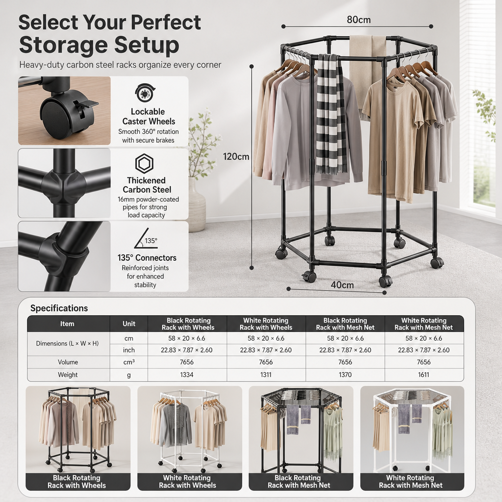 Movable 360 Degree Rotating Hexagonal Clothes Drying Rack Floor Standing Garment Hanger with Wheels for Balcony and Indoor Use