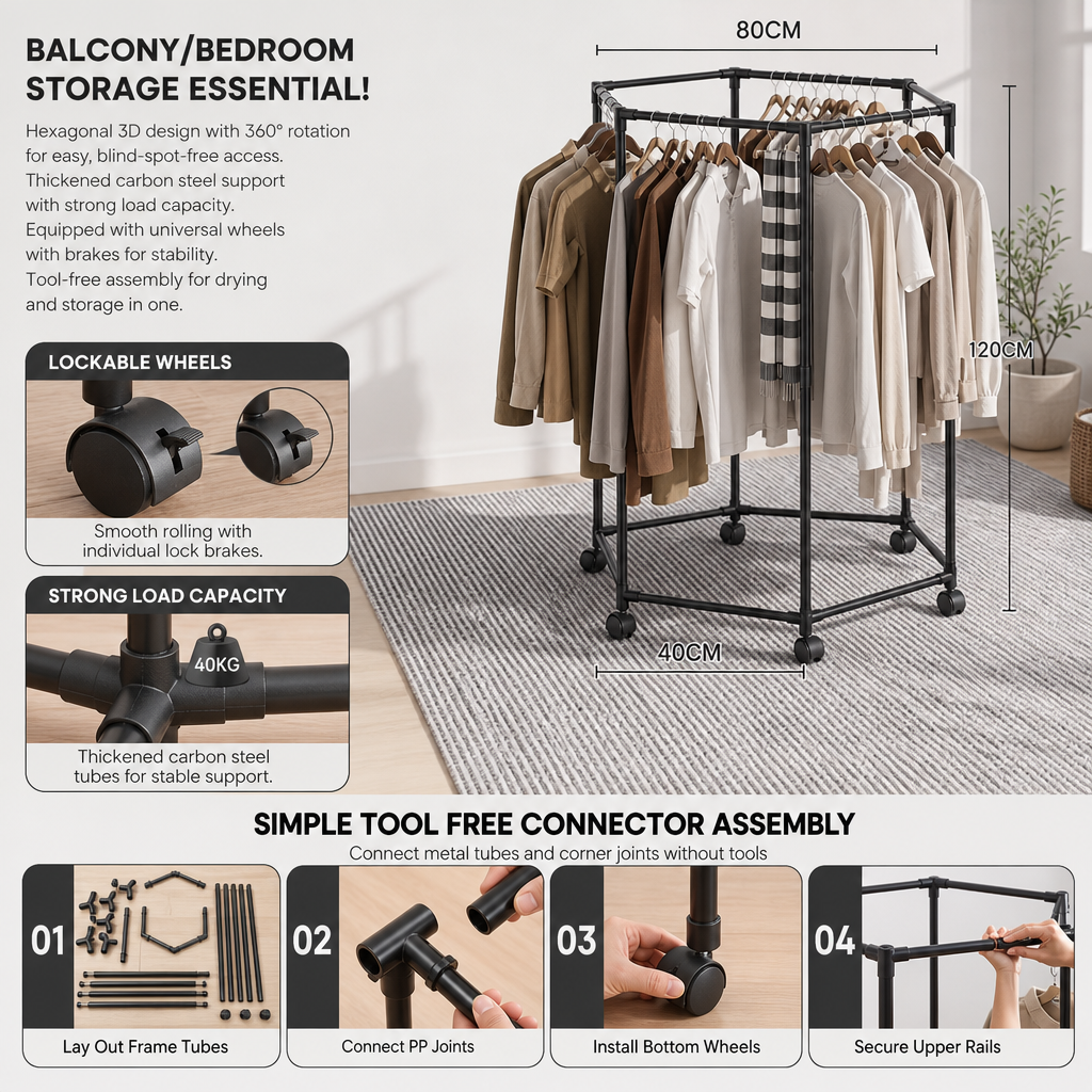 Movable 360 Degree Rotating Hexagonal Clothes Drying Rack Floor Standing Garment Hanger with Wheels for Balcony and Indoor Use