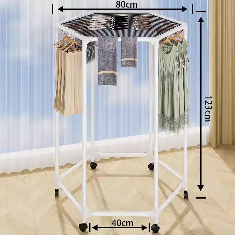 Movable 360 Degree Rotating Hexagonal Clothes Drying Rack Floor Standing Garment Hanger with Wheels for Balcony and Indoor Use