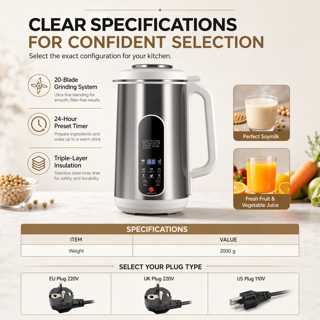 Multi-Functional 304 Stainless Steel Soy Milk Maker and High- Blender Large Capacity Filter-Free Household Food Processor with Smart Timer